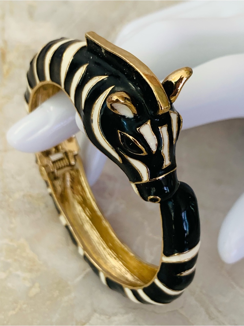 Zebra Head Gold-Tone Black Enamel Clamper Bangle Bracelet